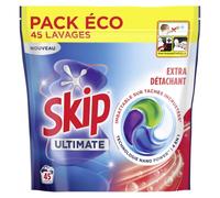 Skip Lessive Capsules Ultimate 4en1 Extra Détachant - Imbattable sur Taches Incrustées, Sans Pré-Traitement - Technologie Nano Power™ - Capsules Lessive Efficace - 45 Lavages