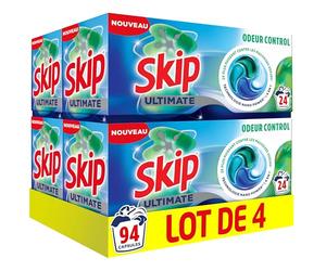 Skip Lessive Capsules Ultimate 4en1 Odeur Control - Technologie Nano Power Contre les Mauvaises Odeurs - Bouclier Anti-Odeur et Dissolution à Froid - Pods Lessive Efficace - 96 Lavages (4x24)