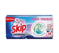 Skip Lessive Capsules Ultimate 4en1 Peaux Sensibles - Capsules Lessive Efficace Même à Froid et en Cycle Court - Parfum Hypoallergénique - Développée Avec Des Dermatologues - 34 Lavages