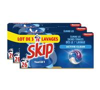 Skip Lessive liquide en capsules Active Clean 3 en 1 - 78 lavages - résultat impeccable et fraîcheur longue durée - sans emballage plastique (lot de 3x26)