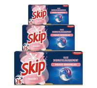 Skip Lessive Capsules 3en1 Sensitive sans emballage plastique x78, Spécial Bébés et Peaux Sensibles, Hypoallergénique, 78 Lavages (Lot de 3x26 Capsules)