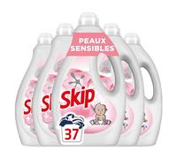 SKIP - Lessive Liquide Peaux Sensibles - Contre les taches tenaces - Parfum léger et agréable - Testée dermatologiquement - Lot de 5x37 lavages