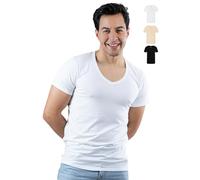 SKIPPER Lot de 3 Stretch T Shirt Homme Col V Profond I Maillot de Corps Blanc, Noir. Beige I Tricot de Corps 95% Coton 5% Élasthanne I sous Chemise Manches Courtes I Label Oeko-TEX® I XXL
