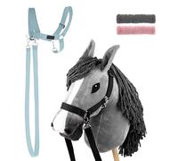 SKIPPI Hobby Horse Gris et Licol Bleu Clair, Tête de Cheval à Chevaucher A3 et Hobby Horse Accessoire, 2 Licol, 2 Rênes, 2 Housses Amovibles