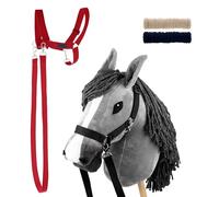 SKIPPI Hobby Horse Gris et Licol Rouge, Tête de Cheval à Chevaucher A3 et Hobby Horse Accessoire, 2 Licol, 2 Rênes, 2 Housses Amovibles
