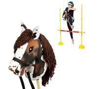 SKIPPI Hobby Horse Pie Alezan et Obstacle 135 cm, Tête de Cheval à Chevaucher A3 et Hobby Horse Accessoire, Barre de Saut Léger et Portable pour Cheval à bâton, Licol et Rênes