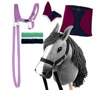 SKIPPI Set Hobby Horse Gris, Couverture et Bonnet - Fuchsia et Bleu Marine, 2 Licol, Rênes, Tête de Cheval à Chevaucher A3 et Hobby Horse Accessoire
