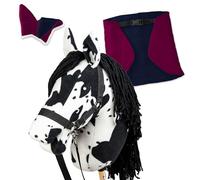 SKIPPI Set Hobby Horse Pie Noir et Couverture et Bonnet - Fuchsia et Bleu Marine, Tête de Cheval à Chevaucher A3 et Hobby Horse Accessoire, Licol, Rênes