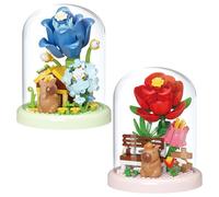 SKIPTHYBER Capybara Lot de 2 blocs de construction en forme de fleurs - Jouet de construction avec dôme anti-poussière et socle - Kit de construction pour fleurs - Blocs de construction pour adultes