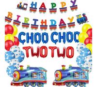 SKIRUP Choo Choo Lot de 2 décorations de fête pour garçons de 2 ans, fournitures de fête d'anniversaire sur le thème des ballons, bannière de train « Happy Birthday », ballons en latex nuage, ballons