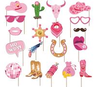 SKIRUP Kit de 19 accessoires de photomaton de cowgirl occidentale, décorations de fête Far West, accessoires de selfie pour fête sur le thème des cowboys occidentaux (cowgirl) en bois rose
