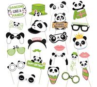 SKIRUP Lot de 24 accessoires de photomaton panda avec bâtons, accessoires de selfie sur le thème des pandas, fournitures de fête d'anniversaire, décorations de fond pour photographie