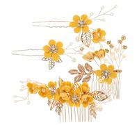 SKISUNO Peignes et Épingles à Cheveux de Mariée Jaunes Lot de 4 set de Pièces Décoration de Fleur Délicate Accessoires Coiffure Mariage pour Cérémonie et Demoiselles d'Honneur