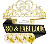 SKJIAYEE Kit de diadème et écharpe pour 80e anniversaire - Noir « 80 & Fabulous » et couronne dorée en strass pour femme