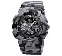 SKMEI 1688 Montre de sport avec écran LED pour homme Affichage analogique et numérique Cadran noir ABS Bracelet élégant en PU PU Gris militaire Camouflage Résistant à l'eau et aux rayures, Gris