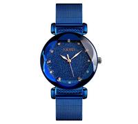 SKMEI Montre à quartz analogique pour femme avec motif ciel étoilé - Étanche - Style décontracté et lumineux - Avec bracelet en maille d'acier inoxydable bleu