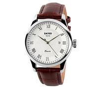 SKMEI Montre à quartz analogique pour homme avec bracelet en cuir étanche et calendrier décontracté (marron + argent)