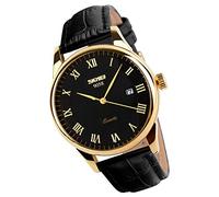 SKMEI Montre à quartz analogique pour homme Style classique et décontracté En cuir noir Étanche Calendrier Date Affichage simple Cadeau pour papa et père, Bracelet noir + boîtier doré +