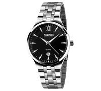 SKMEI Montre à quartz lumineuse pour homme avec bracelet en acier inoxydable et affichage de la date, Argent + noir., Classique
