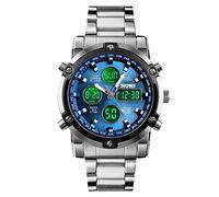 SKMEI Montre bracelet pour homme étanche analogique numérique avec chronographe LED multi-temps, montre d'affaires en acier inoxydable, 1389-bleu, 2.28*1.89*0.63 inches, Sports