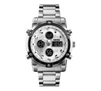 SKMEI Montre Bracelet pour Homme étanche analogique numérique avec chronographe LED Multi-Temps, Montre d'affaires en Acier Inoxydable, Argent 1389, 2.28 * 1.89 * 0.63 inches, Sports