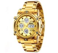 SKMEI Montre bracelet pour homme étanche analogique numérique avec chronographe LED multi-temps, montre d'affaires en acier inoxydable, Or 1389, Décontracté