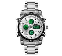 SKMEI Montre bracelet pour homme étanche analogique numérique avec chronographe LED multi-temps, montre d'affaires en acier inoxydable, Argent 1389, 2.28*1.89*0.63 inches, Sports