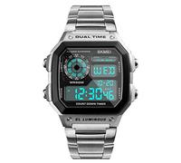 SKMEI Montre de Poignet pour Homme, Montre de Sport numérique, étanche, avec Double Fuseau horaire, chronographe, Compte à rebours, Alarme, rétro-éclairage Classique 1.8 * 1.7 * 0.51 inches Argenté