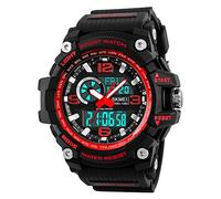 SKMEI Montre de sport numérique pour homme - Étanche jusqu'à 50 m - Écran LED - Grand cadran - Chronomètre - Alarme, Rouge, Numérique