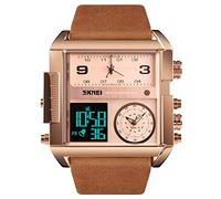 SKMEI Montre de sport numérique pour homme - LED carrée - Grand cadran analogique - Quartz - Avec plusieurs fuseaux horaires - Étanche - Chronomètre, Or rose marron, Numérique