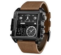 SKMEI Montre de sport numérique pour homme - LED carrée - Grand cadran analogique - Quartz - Avec plusieurs fuseaux horaires - Étanche - Chronomètre, Café noir, Numérique
