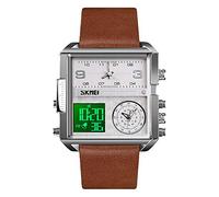 SKMEI Montre de sport numérique pour homme - LED carrée - Grand cadran analogique - Quartz - Avec plusieurs fuseaux horaires - Étanche - Chronomètre, Marron argenté - clair, 1.78*1.61*0.55 inch,
