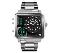 SKMEI Montre de sport numérique pour homme - LED carrée - Grand cadran analogique - Quartz - Avec plusieurs fuseaux horaires - Étanche - Chronomètre, Acier argenté, 2*1.89*0.55 inch, Classique