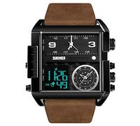 SKMEI Montre de sport numérique pour homme - LED carrée - Grand cadran analogique - Quartz - Avec plusieurs fuseaux horaires - Étanche - Chronomètre, Café noir, Numérique