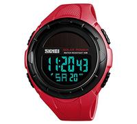 Skmei Montre de Sport numérique Solaire pour Homme, étanche à 50 m, Grand Cadran Noir avec chronomètre, Alarme et LED résistante aux Chocs 1.8 * 2 * 0.59 inch Rouge