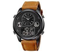 SKMEI Montre numérique de sport tendance pour homme - Étanche - En cuir - Chronographe - LED, Noir, marron clair,