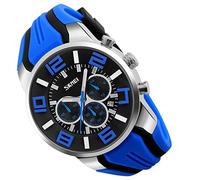 SKMEI Montre pour homme avec bracelet en silicone - Étanche - Style sportif - Style décontracté - Grand cadran - Chronographe de luxe - Analogique - Quartz - Noir - Cadeaux, G9128 bleu, Tendance