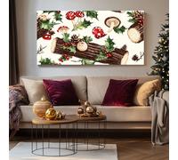 SKOEUI Sans Cadre Festif Bûche de Noël Impression sur Toile 60x120 cm Tableau Decoration Murale Forêt Champignon pour Salon Chambre Cuisine, Grande Affiche Decoration Murale