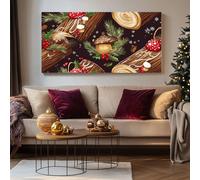 SKOEUI Tableau Decoration Murale Forêt Bûche de Noël Impression Sur Toile Noël Pomme de Pin avec Cadre Tableau Peinture Abstrait pour Salon Cuisine Chambre Poster Décoratif Grande Taille 70x140 cm
