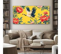 SKOEUI Tableau Decoration Murale Oiseau Grue 80x120 cm Impression Sur Toile Fleur Pivoine sur Cadre en Bois Grande Affiche Peinture pour Décoration D'Intérieur Maison