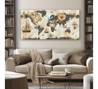 SKOEUI Tableau Decoration Murale Salon Vintage Carte du Monde Impression sur Toile Nautique Voilier Grande Affiche Peinture pour Maison Appartement Bureau 50x100 cm, Sans Cadre