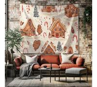 SKOEUI Tapisserie Murale Dessiné Fête Maison en Pain d'Épice Tenture Murale Gourmandise Festive Biscuit de Noël Grande Taille Art Mural Peinture Beige Clair pour Décoration Salon Chambre 150x130 cm