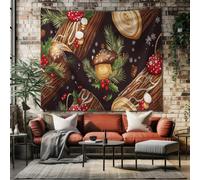 SKOEUI Tenture Murale Forêt Bûche de Noël Tapisserie Murale Noël Pomme de Pin Style Nordique Déco Salon Noir Poster Tissu Lavable pour Chambre 200x150 cm