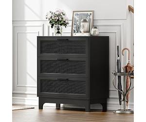 Skokliz Commode Chambre avec 3 tiroirs, Armoire de Rangement avec rotin Naturel pour Salon, Chambre bébé, Couloir Meuble de Rangement épuré Style Moderne, 80 x 40 x 89 cm