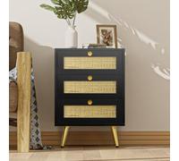 Skokliz Table de Chevet Nuit en rotin 3 Tiroir,Table d'Appoint Nuit en Bois, Bout de Canapé en pour Salon Chambre Bureau, Noir