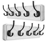 SKOLOO Porte Manteau Mural Bois Blanc, Le Style Rustique, 44cm Longue,Grand Porte-manteau Mural avec 5 Crochets Doubles Pour suspendre sac à dos, veste, chapeau(Paquet de 2)