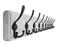 SKOLOO Porte Manteau Mural Bois Blanc, Le Style Rustique, 98cm Longue,Grand Porte-manteau Mural avec 10 Crochets Triples Pour suspendre sac à dos, veste, chapeau