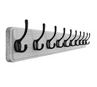 SKOLOO Porte Manteau Mural Bois Blanc, Le Style Rustique, 98cm Longue,Grand Porte-manteau Mural avec 10 Crochets Doubles Pour suspendre sac à dos, veste, chapeau