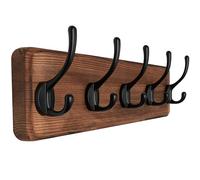 SKOLOO Porte Manteau Mural Bois Marron, Le Style Rustique, 44cm Longue,Grand Porte-manteau Mural avec 5 Crochets Doubles Pour suspendre sac à dos, veste, chapeau
