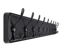 SKOLOO Porte Manteau Mural Bois Noir, Le Style Rustique, 98cm Longue,Grand Porte-manteau Mural avec 10 Crochets Triples Pour suspendre sac à dos, veste, chapeau